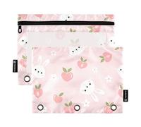 Bunny Rabbit Peach Fruit Flower Pencil Pouch for 3 Ring Binder, Three Hole Pencil Case for Binder Bulk Pencil Bag with Clear Window and Zipper for Office School College, 2 Pack