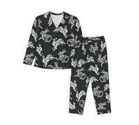 Bunny Rabbit Print Women'S Pajama Set, Long Sleeve Button Down Pjs Sleepwear, Cozy Lounge Nightwear, Black, M
