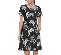 Bunny Rabbit Print Women's Short Sleeve Dress for Summer Days, Casual Comfort with Pockets, Black, XL