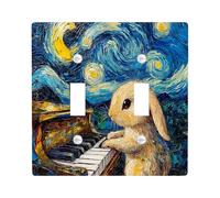 Bunny Rabbit Themed Stars Night Decorative Light Switch Cover Plate 2 Gang Double Toggle, Oil Painting Piano Electrical Faceplate for Kitchen Bathroom, Animal Switchcover Decor