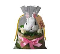 Bunny Rosette Print Christmas Drawstring Gift Bags With Cards For Xmas Party Decorations Holiday