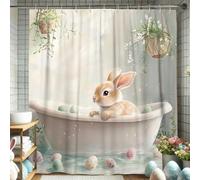 Bunny Shower Curtain, Cute Rabbit Spring Decor with Pastel Eggs, Easter Themed Waterproof Fabric Bathroom Curtain Set with Hooks, Ideal for Kids Room 72x72 Inch