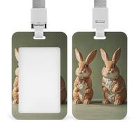 Bunny Statue Id Badge Holder with Lanyard, Clear Vertical Card Protector Waterproof, Breakaway Safety Neck Strap, Heavy Duty Name Tag Holder for Nurse Teacher Officer Staff Women Men