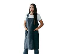 Bunny Street The Prancing Hare 100% Linen Pinafore Apron - No Ties Criss Cross Smock with Pockets for Cafe, Art, Teacher, Florist, Baker (Dark Grey Chambray)