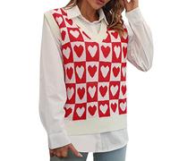 Bunny Sweater Vest Womens Fashion Contrast Color Love V Neck Sleeveless Knitted Vest College Men Sweater Vest Tall (Red, L)