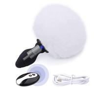Bunny Tail Butt Plug Vibrator, Soft Silicone Anal Plug with Black Furry Tail Plug, Wireless Remote Control, Rabbit Tail Trainer for Adult Sex Toys for Role Play Cosplay Women, Men and Couples (White)