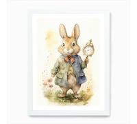 Bunny With A Clock Rabbit Prints Framed Wall Art Poster Canvas Print Picture (White, A4, Size and colour variations)