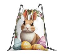 Bunny Wreath Drawstring Bag Sport Sack Easter Eggs Drawstring Gym Bag for Kids Adults Water-Resistant Swimming String Backpack for Fitness Running Yoga Travel