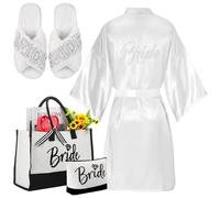 Bunnycool 4 Pcs Bridal Shower Gift Set Include Bride Robes White Slippers Canvas Tote Bag Makeup Bag for Bride Wedding Party, White, 9-10
