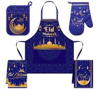 Bunnycool 5 Pcs Ramadan Hostess Kitchen Gift Eid Mubarak Apron Pot Holder Oven Mitts Dish Towels Set Ramadan Mubarak Kitchen Towels Cooking Gift Accessories for Women Men