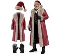 Bunnycool Men's Deluxe Santa Suit Christmas Movie Cosplay Costume | Red Faux Leather Fur Coat Thick Shearling Santa Outfit with Velvet Hat and Black Leather Gloves for Adult Chronicles Cosplay