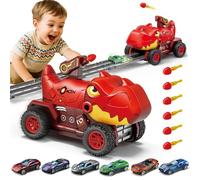 BunnyJOY Car Toy Set Dinosaur Play Truck Boys Age 3 4 5 6 7 8 with 6 Race Cars 6 Soft Rubber Missiles, Ejection Race Track, Birthday Gifts Vehicles Toys Set for Kids, Red