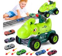 BunnyJOY Car Toy Set Dinosaur Play Truck Boys Age 3 4 5 6 7 8 with 6 Race Cars 6 Soft Rubber Missiles, Ejection Race Track, Birthday Gifts Vehicles Toys Set for Kids, Green