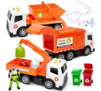 BunnyJOY Garbage Truck Toy Set, Friction Powered Recycling Vehicle Playset with Lights and Sounds, Includes Crane Truck, Dump Truck, Rear Loader, Bins & Figure, Educational Gift for Kids Age 3+