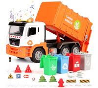 BunnyJOY Garbage Truck Toy with Bins, Interactive Trucks with Sound and Light, Educational Toy Vehicle Playset for 3+ Year Old, Waste Lorry, Gift for Boy Girl Kid 4 5 6 7 8 Year old, Orange