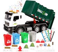 BunnyJOY Garbage Truck Toy with Bins, Interactive Trucks with Sound and Light, Educational Vehicle Playset for 3+ Year Old, Toy Waste Lorry, Gift for Boy Girl Kid 4 5 6 7 8 Year old, Green