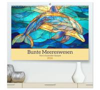Bunte Meereswesen. Tiere in kunstvoller Glasoptik (hochwertiger Premium Wandkalender 2026 DIN A2 quer), Kunstdruck in Hochglanz: Buntglasdarstellungen von Meereslebewesen in leuchtenden Farben
