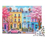 Bunte Straße Szene Puzzles 1000 Teile, Bunte Pastell Stadt & Rosa Auto Heimdekoration, Bilderrahmen Spiel Geschenk, Puzzle für Erwachsene 38x26cm/1000pcs