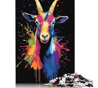 Buntes Ziegenporträt auf schwarzem Hintergrund, Puzzle 1000 Teile für Erwachsene und Jugendliche ab 12 Jahren, Weihnachtsgeschenke, 1000 Teile (38 x 26 cm)