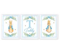 Bunting & Beau Blue Bunny, Rabbit Prints,Children's Wall Art, Decor for Boy's,Nursery, Bedroom or Playroom,Set of 3, Personalised, Size A4