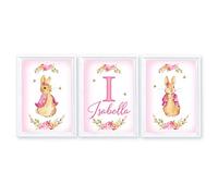 Bunting & Beau Pink Bunny, Rabbit Prints,Children's Wall Art, Decor for Girls Nursery, Bedroom or Playroom,Set of 3, Personalised, Size A4
