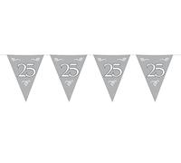 Bunting Silver 25th Anniversary 10 metres, 15 Triangle flags each flag measures approx. 30x22cms. Plastic