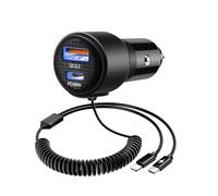 BUNUD USB Car Charger 66W: PD&QC3.0 Cigarette Lighter USB Charger with 5ft Type C & iPhone Coiled Cable - Road Trip Essential Fast Charging for iPhone 16/15/Galaxy S24 Ultra/S23/Pixel/iPad