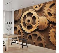Buohwiwe Mural Wallpaper Gear Industrial Style, 3D Effect Panoramic Photo Wallpaper Retro Gear Non-Woven Murals 300x210 cm Art Print Wall Poster Mural Bedrooms Living Room Modern Decoration w.365