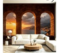 Buohwiwe Mural Wallpaper Sea View, 3D Effect Panoramic Photo Wallpaper Vintage Arch Non-Woven Murals 300x210 cm Art Print Wall Poster Mural Bedrooms Living Room Modern Decoration M.329