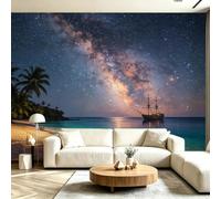 Buohwiwe Mural Wallpaper Tropical Beach, 3D Effect Panoramic Photo Wallpaper Starry Sky Scenery Non-Woven Murals 200x140 cm Art Print Wall Poster Mural Bedrooms Living Room Modern Decoration M.2472