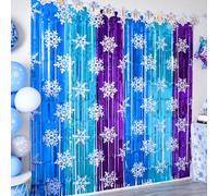 Bupelo Frozen Party Decorations, 2 Pack Blue Light Blue & Purple Foil Fringe Curtains, Premium Wire Metallic Snowflake Backdrop, Birthday Decor for Girl