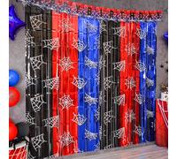 Bupelo Spider Web Birthday Decorations, 2 Pack Spider Party Supplies 3.3x6.6ft Tinsel Foil Fringe Curtains, Red Black, and Blue Photo Booth Prop Backdrop Streamer, Birthday Decor, Party Decor for Boys