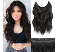 BUPPLER Halo Hair Extensions 16 Inch Invisible Wire Hair Extensions Adjustable Long Wavy Hairpiece Synthetic Upgrade 4 Secure Clips in Hairpieces 16 Inch,Black Brown