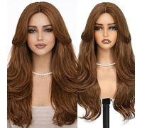 BUPPLER Light Copper Brown Wig 26 Inch Curtain Bangs Wigs for Women Long Wavy Layered Synthetic Wig Pre Cut Lace Glueless Wear and Go Natural Hair Wigs for Daily Party/Halloween Use 26Inch