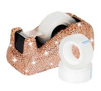 Buqoo Bling Gold Rhinestone Tape Dispenser with 3 Refill Rolls for Wome, Crystal Decorative Table Top Tape Dispenser, Pretty Tape Holder Dazzling Diamond Glitter Desk Accessories Supplies