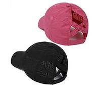 Buqpow 2Pcs Women Criss Ponytail Baseball Cap High Messy Bun Ponycap Quick Drying Mesh Outdoor Travel Hat,Pink+Black