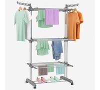 BURAKH 4 Tier Airer Clothes Drying Rack with Wheels - Foldable Stainless Steel Laundry Dryer for Indoor & Outdoor Use - Adjustable Clothes Horse with Side Wings & Hanger Slots, Grey