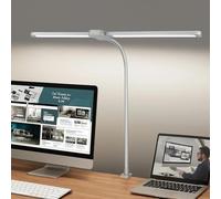 BURAKH LED Desk Lamp with Clamp - Dual Head Flexible Gooseneck Desk Light, Stepless Dimming, Eye-Caring Clip-On Lamp for Office, Home, Reading, Craft, Study (Silver)