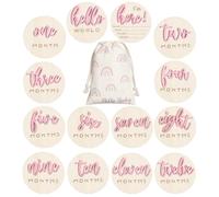 Burbell 3D Baby Milestone Wooden Circles Hello World Newborn Sign 7 Pack Double Sided Monthly Milestone Cards Sign Baby Announcement Sign for Newborn Shower Photo Props(Pink)