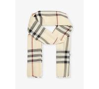 Burberry Womens Burberry Checked Frayed-Trim Wool Scarf Stone