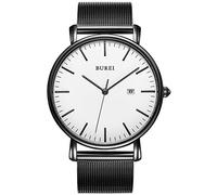 BUREI Men's Fashion Minimalist Wrist Watch Analog White Date with Black Stainless Steel Mesh Band (White Black)