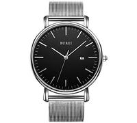 BUREI Men's Ultra-Thin Quartz Analogue Wrist Watch Date Calendar Stainless Steel Mesh Band, Black/Silver, Classic,Minimalist