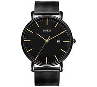 BUREI Men's Ultra-Thin Quartz Analogue Wrist Watch Date Calendar Stainless Steel Mesh Band, Oro E Nero, Bracelet