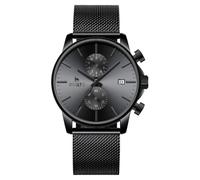 BUREI Mens Watch Fashion Minimalist Black Chronograph Analog Quartz Waterproof Mesh Stainless Steel Band Dress Watches for Men with Auto Date relojes para Hombres, all black