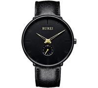 BUREI Men's Watch Minimalist Ultra Thin Black Dial Analog Quartz Wristwatch with Black Band (Black Gold)