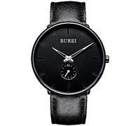 BUREI Men's Watch Minimalist Ultra Thin Black Dial Analog Quartz Wristwatch with Black Band (Black Silver)