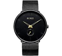 BUREI Mens Watch Ultra Thin Black Large Face Blue Pointers Analog Quartz with Black Stainless Steel Mesh Band