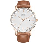 BUREI Men's Watches, Classic Analogue Dial with Date Japanese Quartz and Ultra-Thin Stainless Steel Mesh Band (Rose Gold Brown, Leather)