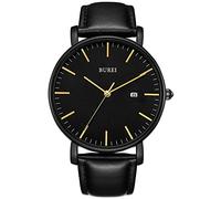 BUREI Men's Watches, Classic Analogue Dial with Date Japanese Quartz and Ultra-Thin Stainless Steel Mesh Band (Gold Black, Leather)