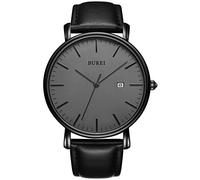 BUREI Men's Watches, Classic Analogue Dial with Date Japanese Quartz and Ultra-Thin Stainless Steel Mesh Band (Dark Grey Black, Leather)